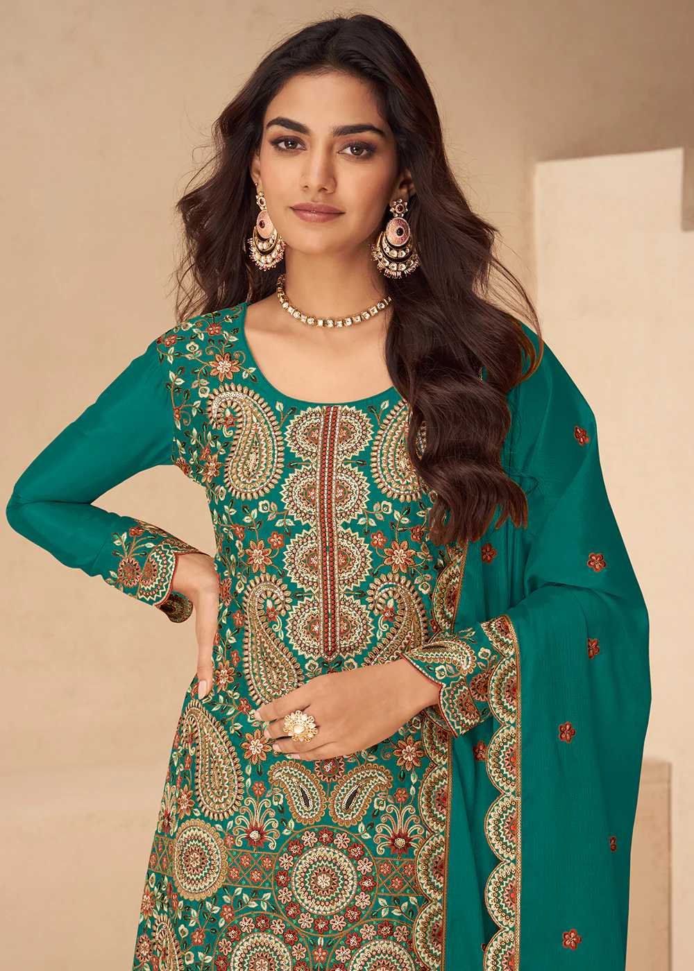 Festive Embroidered Green Chinnon Silk Palazzo Suit - Image 2
