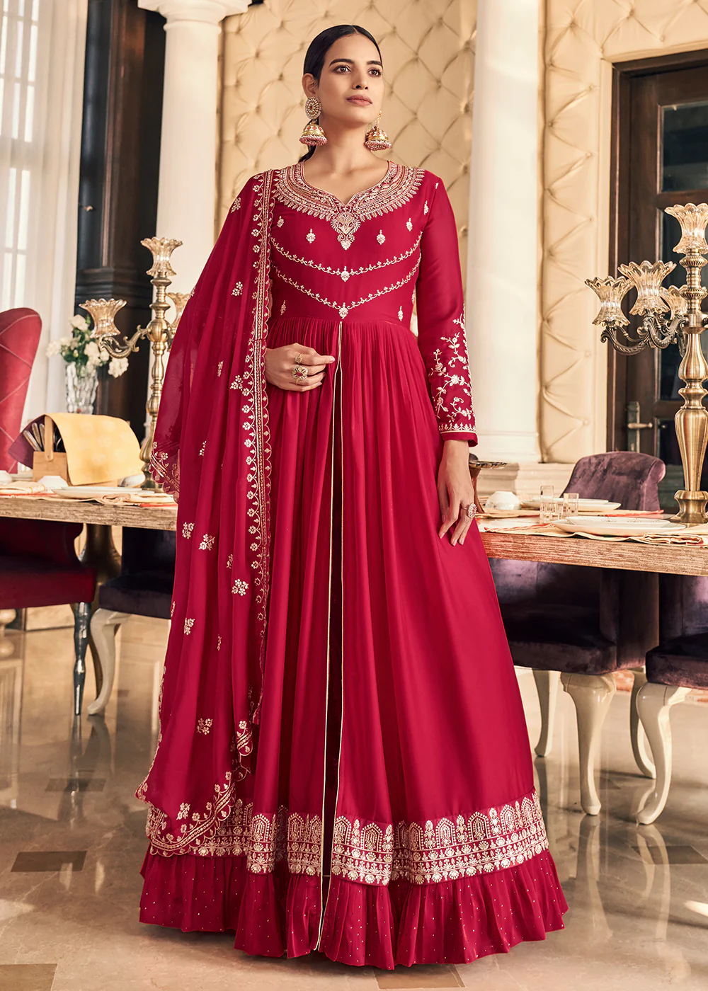 Festive Embroidered Pink Elegant Georgette Anarkali Suit