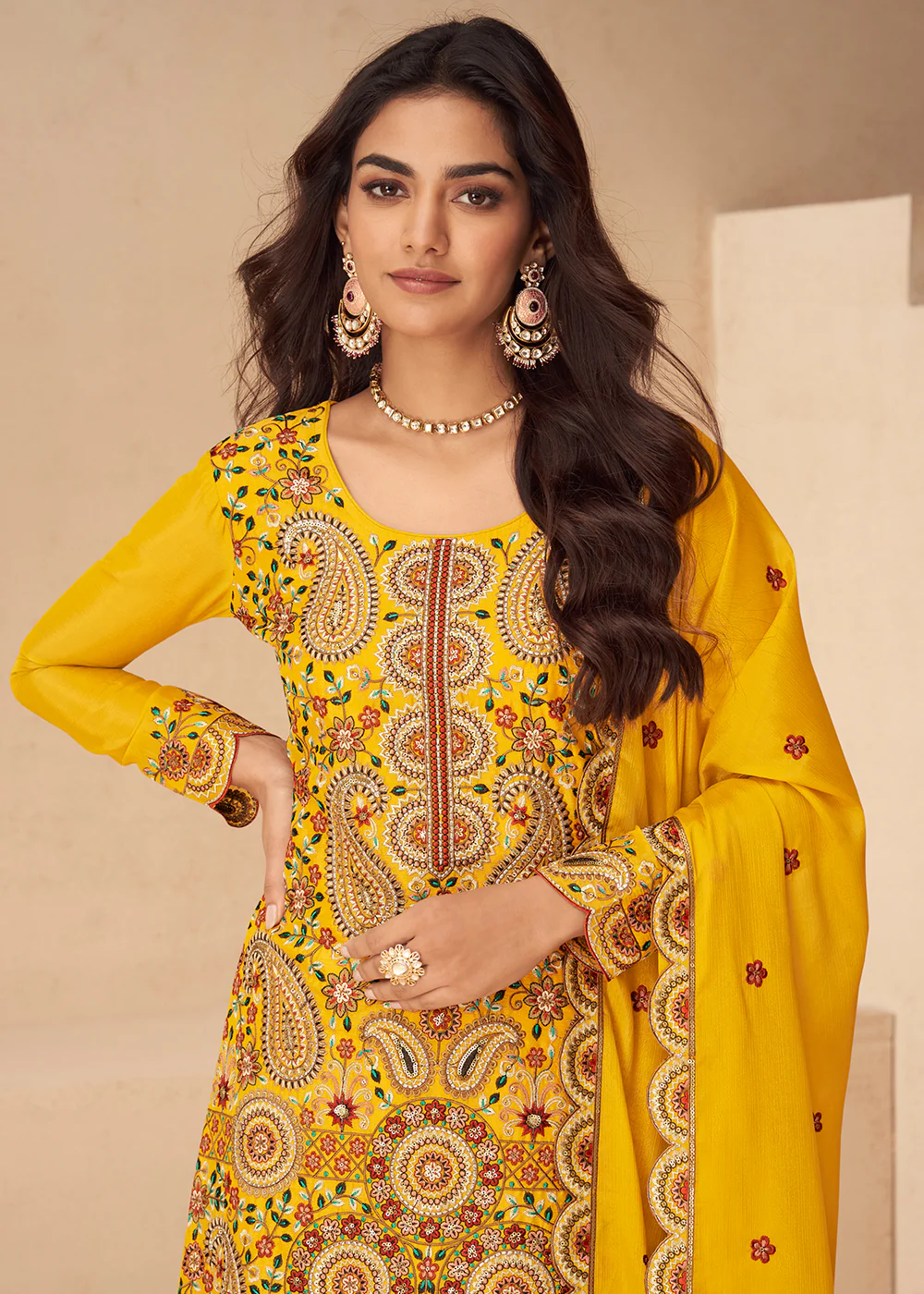 Festive Embroidered Yellow Chinnon Silk Palazzo Suit - Image 2