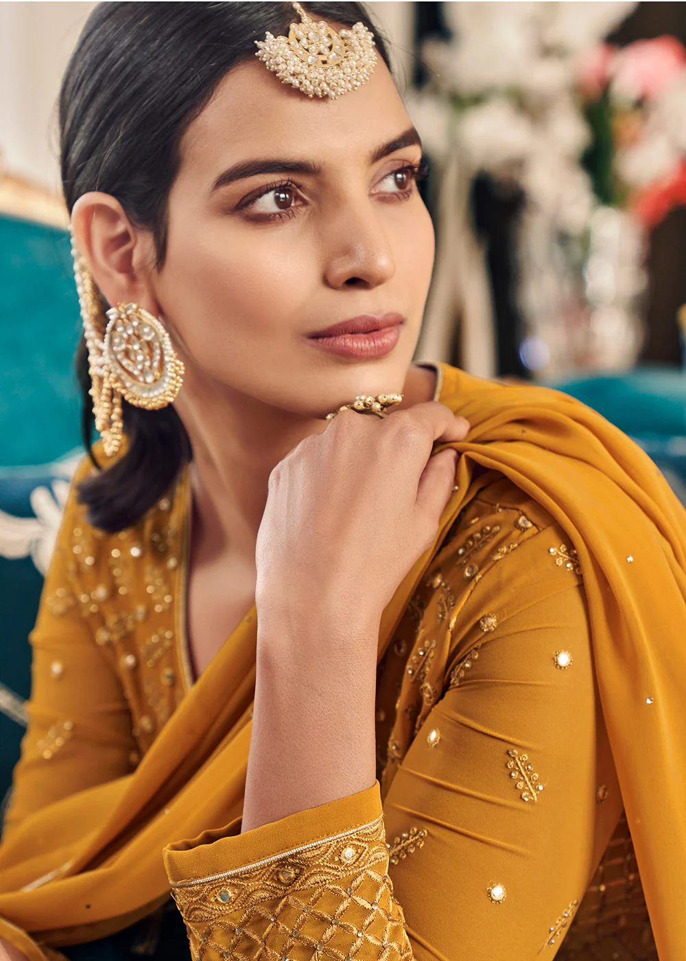 Festive Embroidered Yellow Elegant Georgette Anarkali Suit - Image 3