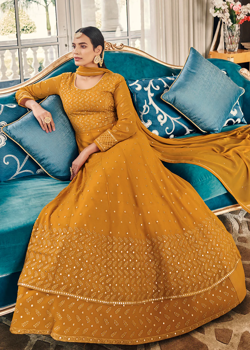 Festive Embroidered Yellow Elegant Georgette Anarkali Suit - Image 4