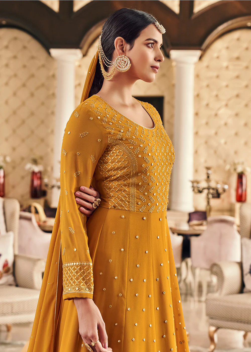 Festive Embroidered Yellow Elegant Georgette Anarkali Suit - Image 5