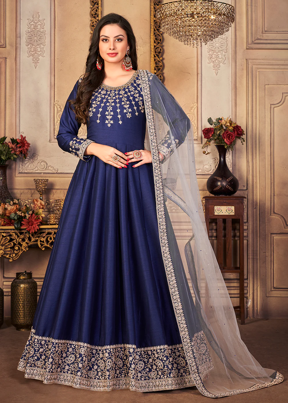 Festive Enticing Blue Embroidered Silk Anarkali Suit