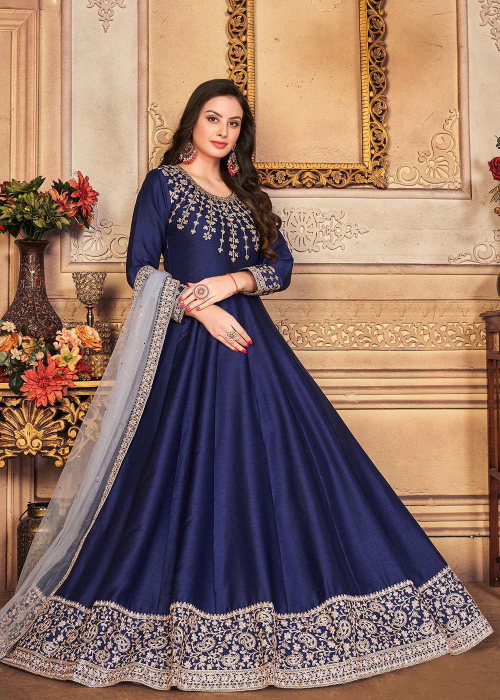 Festive Enticing Blue Embroidered Silk Anarkali Suit - Image 4
