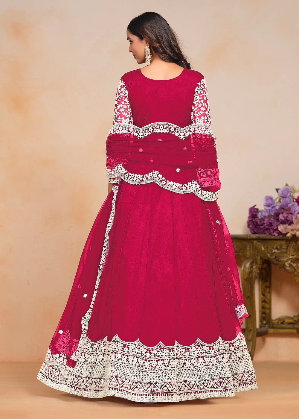 Festive Hot Pink Embroidered Net Designer Anarkali Dress - Image 3
