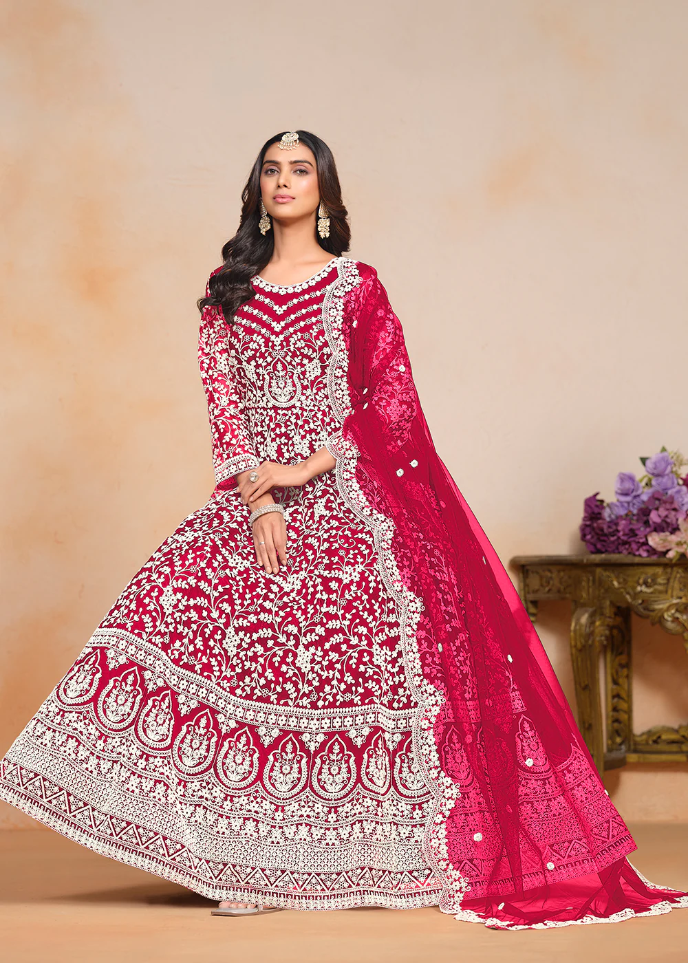 Festive Hot Pink Embroidered Net Designer Anarkali Dress - Image 4