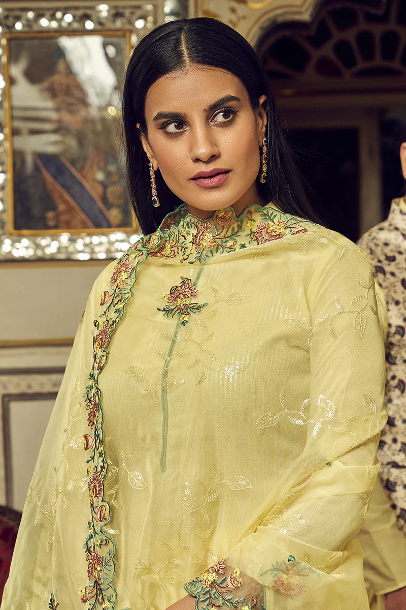Festive Lime Yellow Embroidered Designer Salwar Suit - Image 2