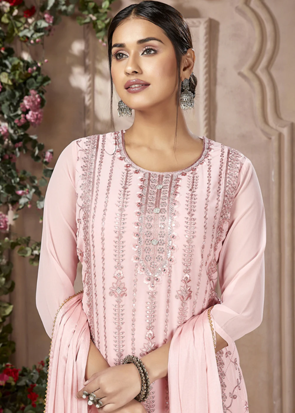 Festive Look Elegant Pink Embroidered Pant Style Salwar Suit - Image 2