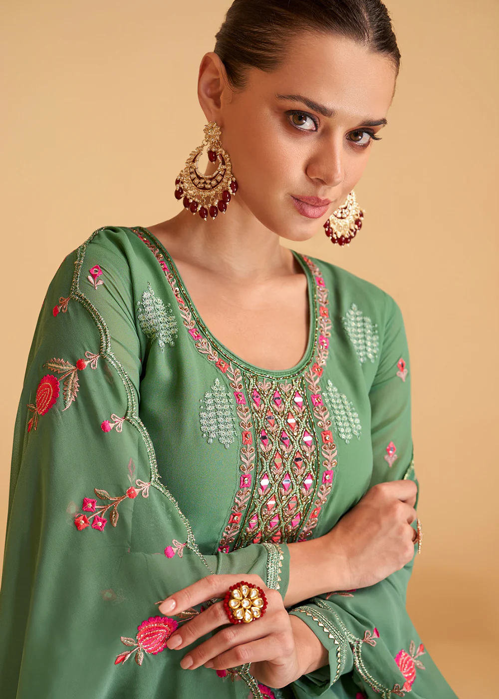 Festive Look Green Floral Embroidered Palazzo Style Suit - Image 2