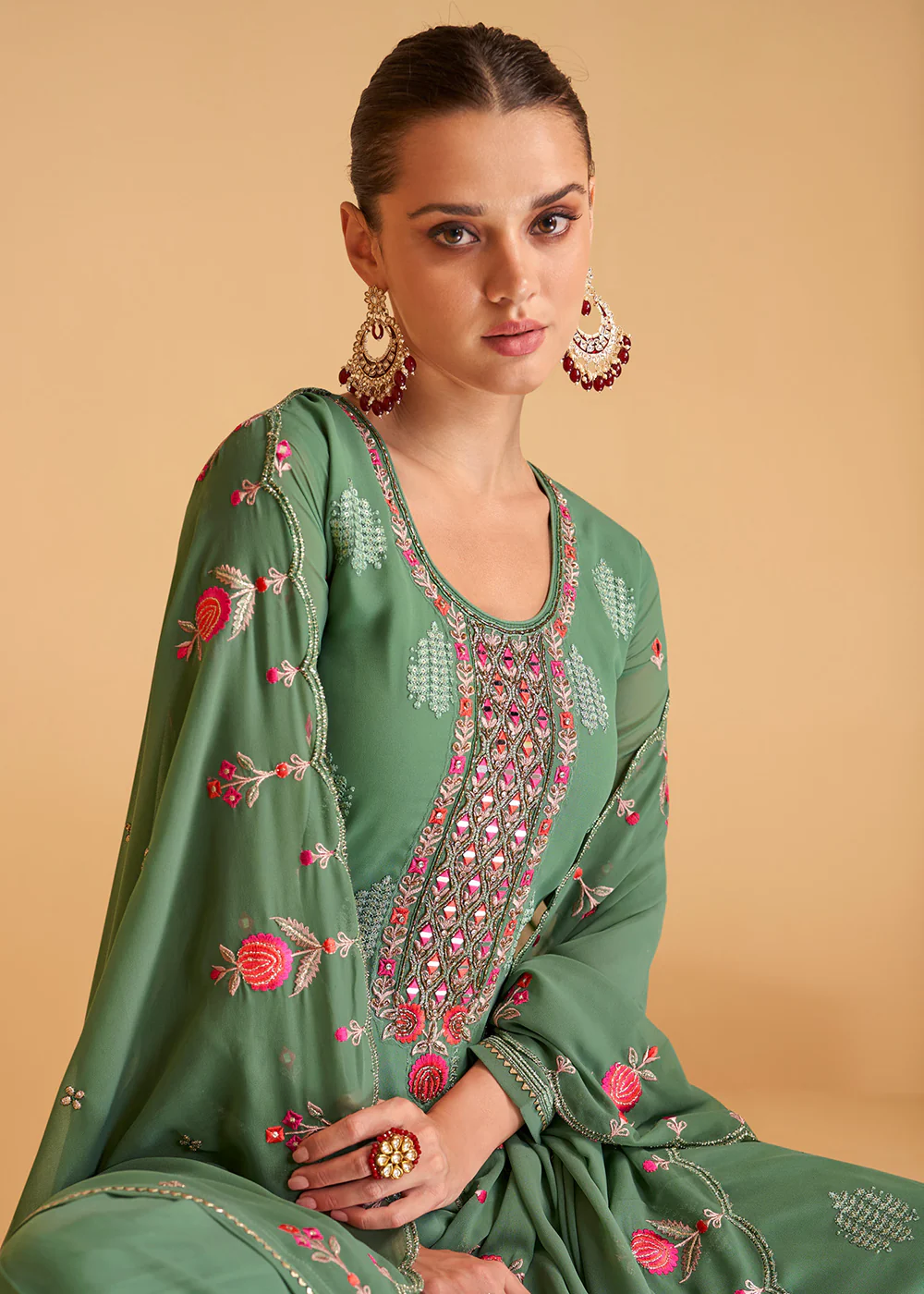 Festive Look Green Floral Embroidered Palazzo Style Suit - Image 3