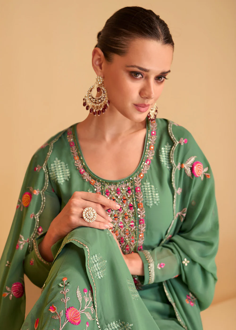 Festive Look Green Floral Embroidered Palazzo Style Suit - Image 4
