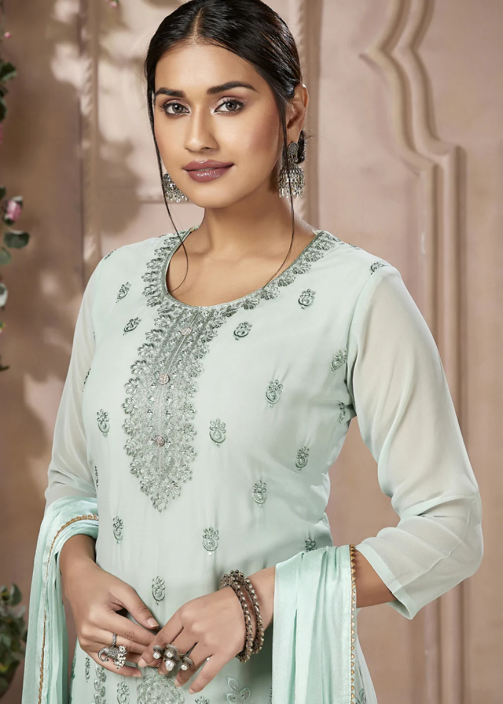 Festive Look Light Green Embroidered Pant Style Salwar Suit - Image 2