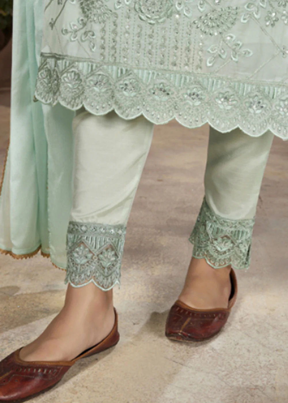 Festive Look Light Green Embroidered Pant Style Salwar Suit - Image 3