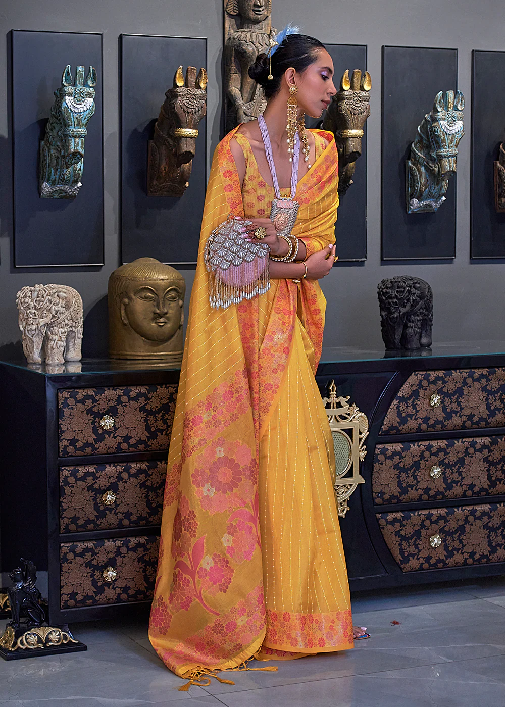 Festive Look Mustard Yellow Dual Tone Organza Silk Saree