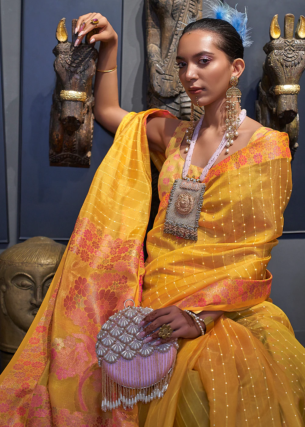 Festive Look Mustard Yellow Dual Tone Organza Silk Saree - Image 2