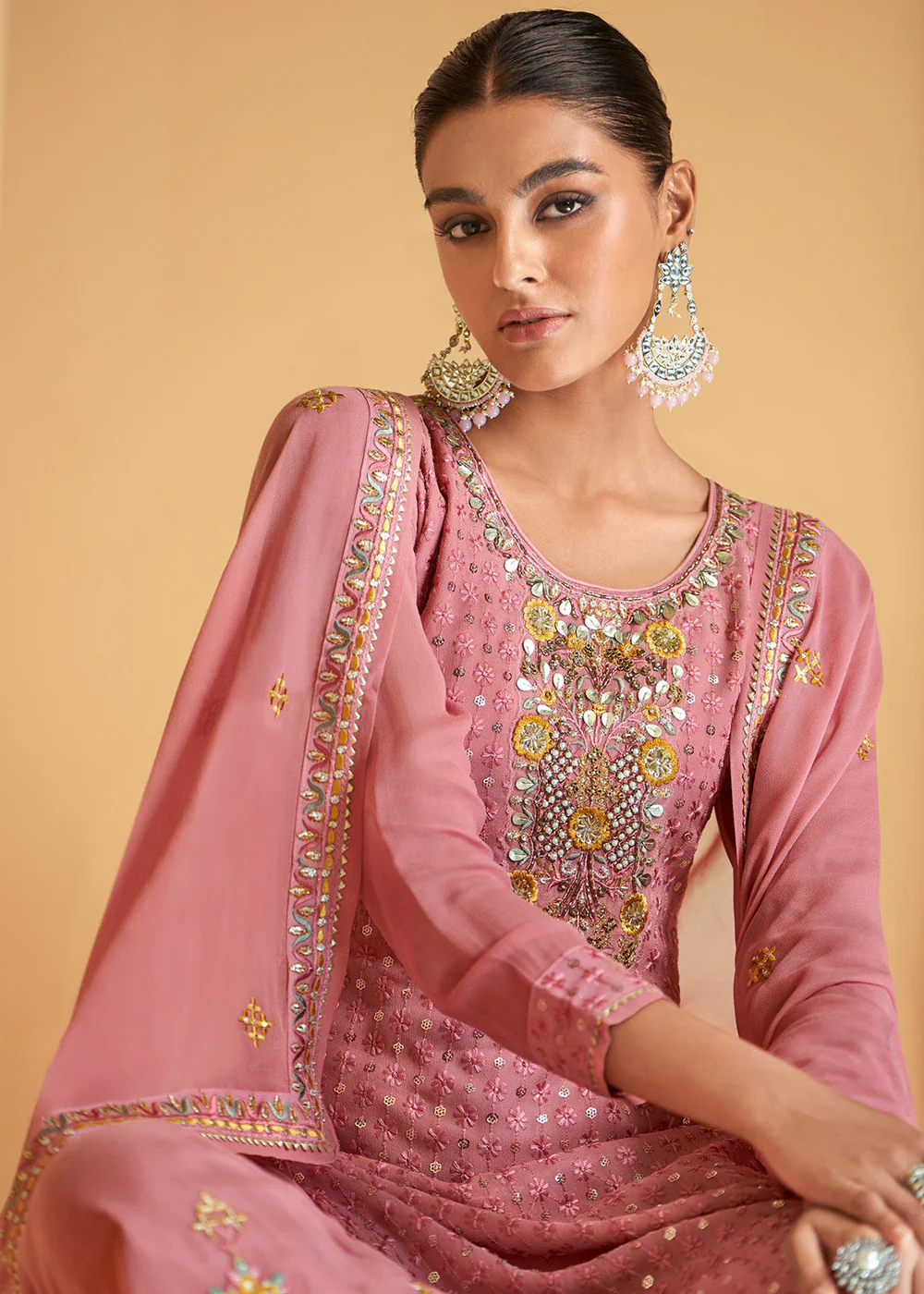 Festive Look Pink Floral Embroidered Palazzo Style Suit - Image 2