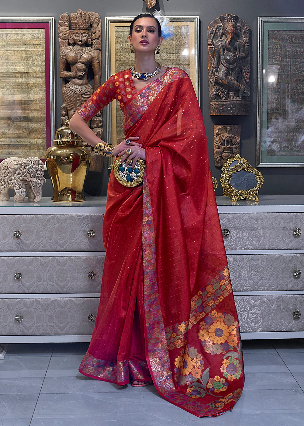 Festive Look Pleasant Red Dual Tone Organza Silk Saree