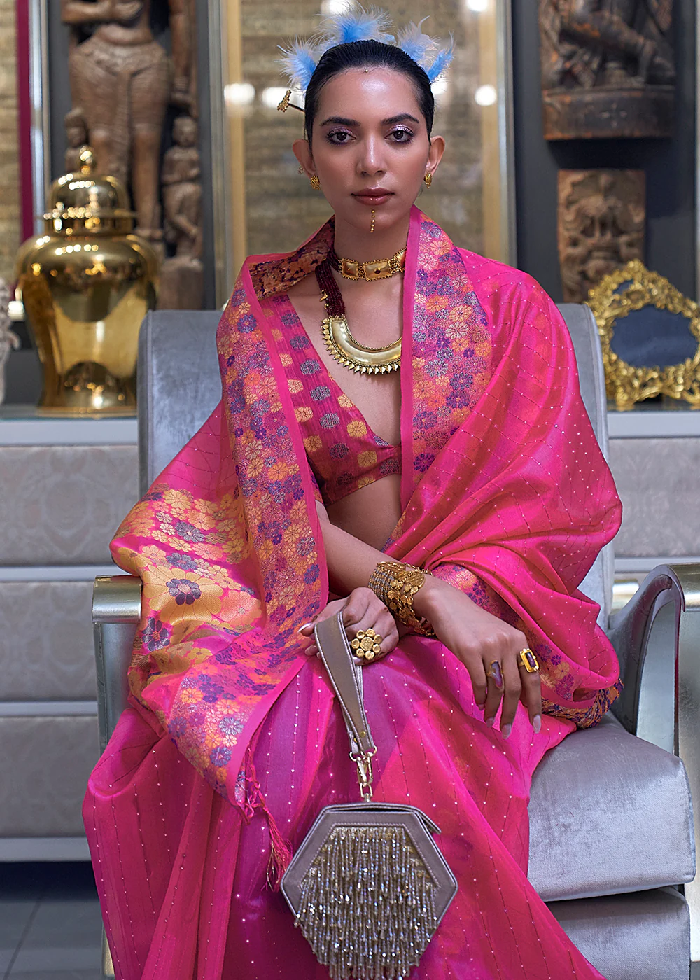 Festive Look Queen Pink Dual Tone Organza Silk Saree - Image 2