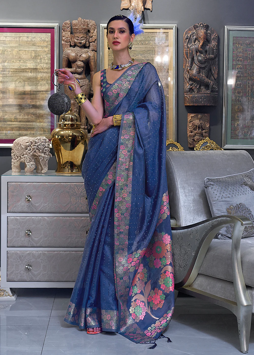 Festive Look Spunky Blue Dual Tone Organza Silk Saree