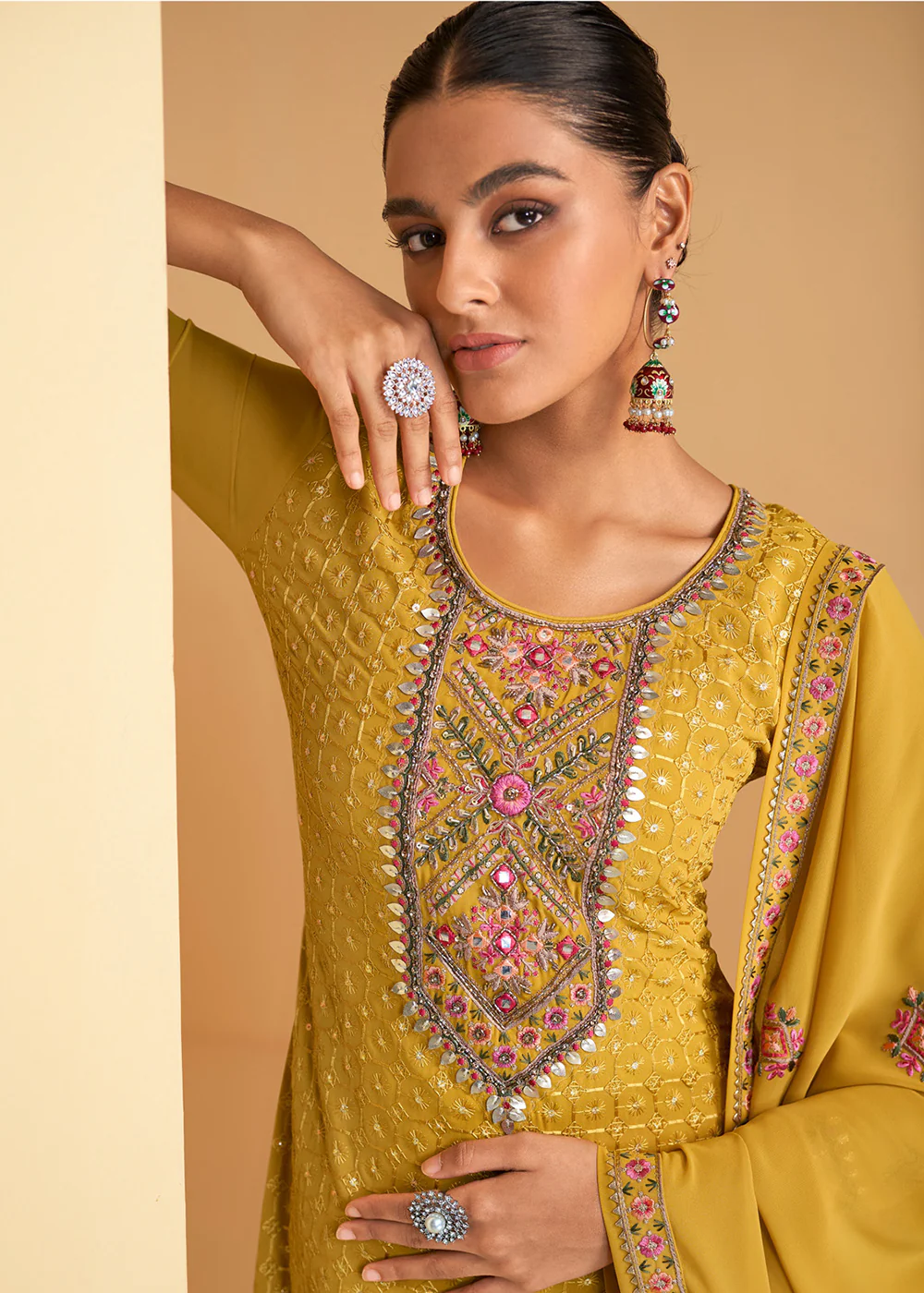 Festive Look Yellow Floral Embroidered Palazzo Style Suit - Image 2