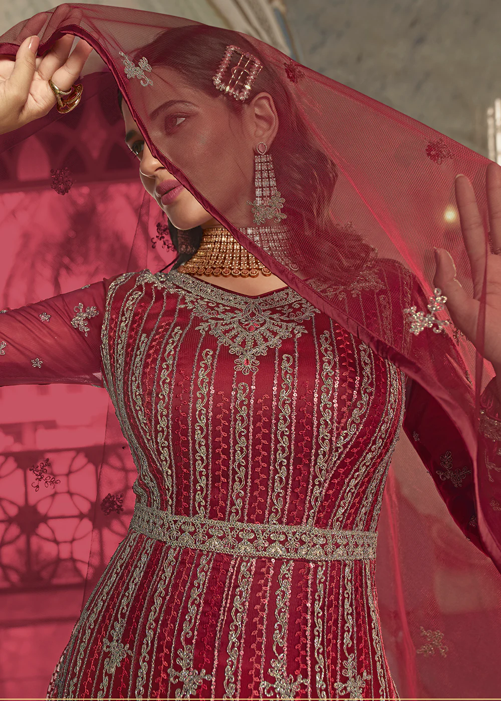 Festive Maroon Wedding Party Net Designer Anarkali Suit - Image 2