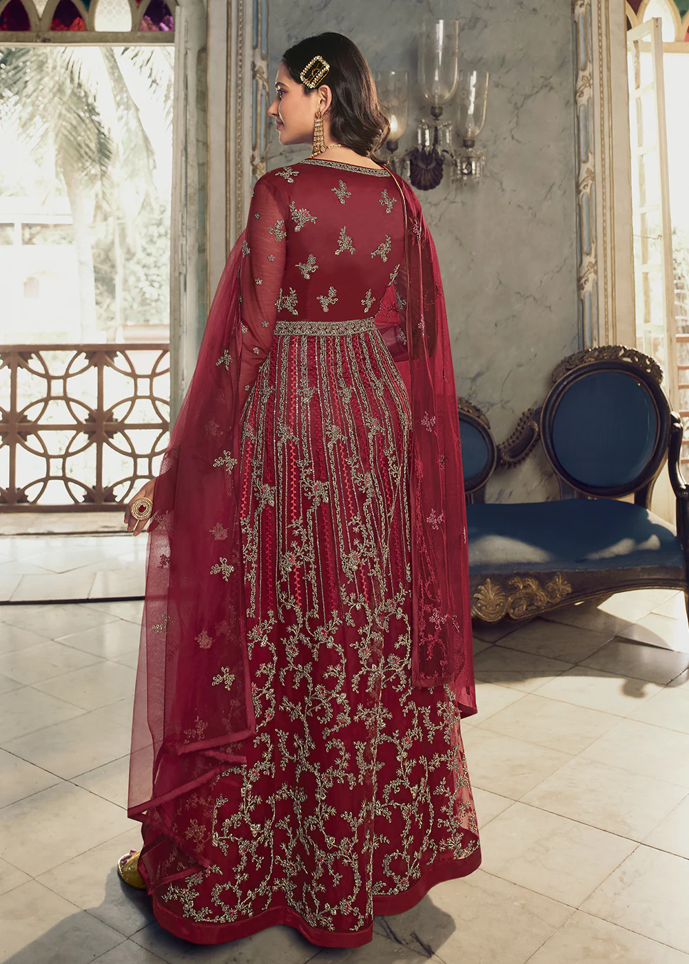 Festive Maroon Wedding Party Net Designer Anarkali Suit - Image 3