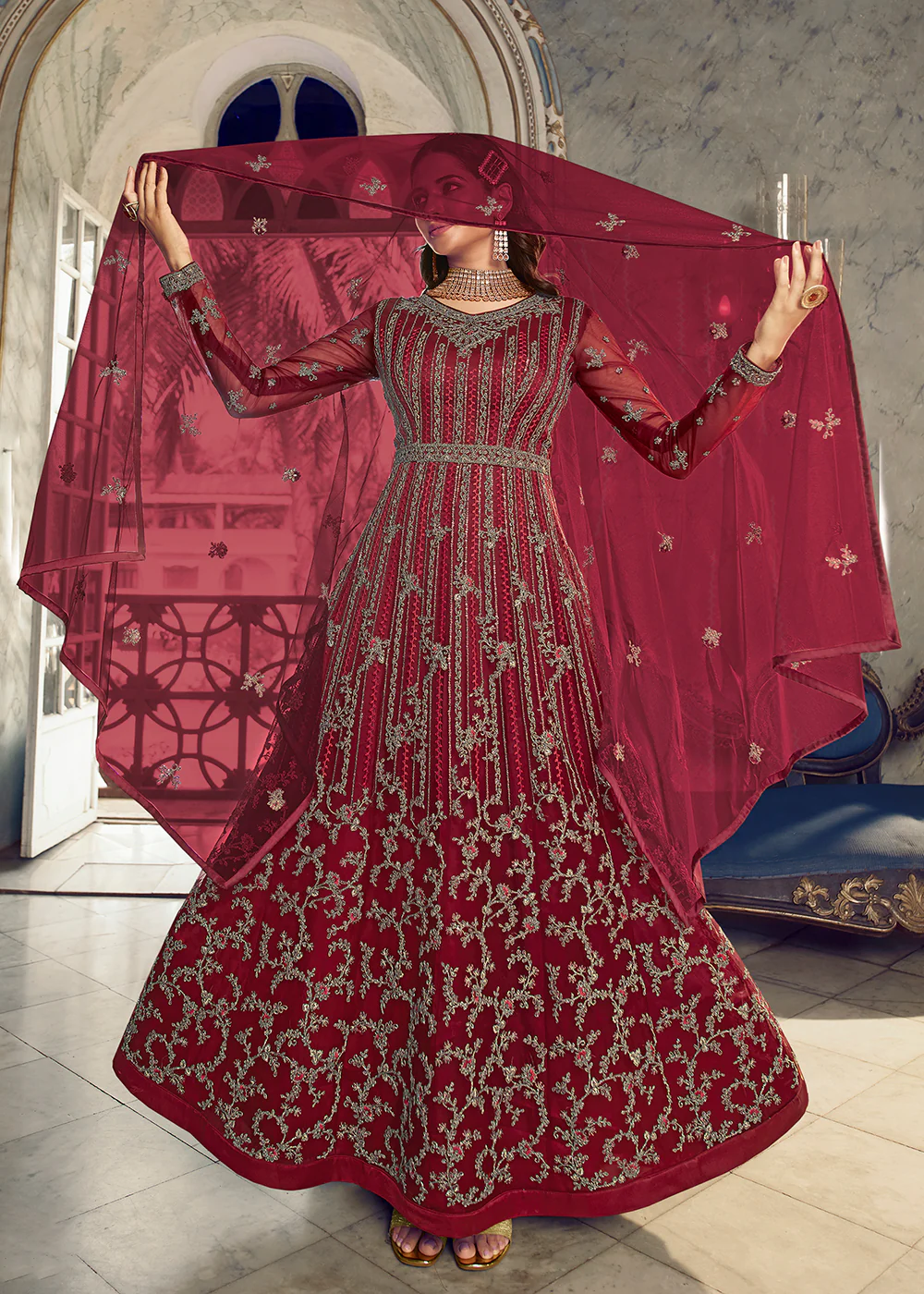 Festive Maroon Wedding Party Net Designer Anarkali Suit - Image 4