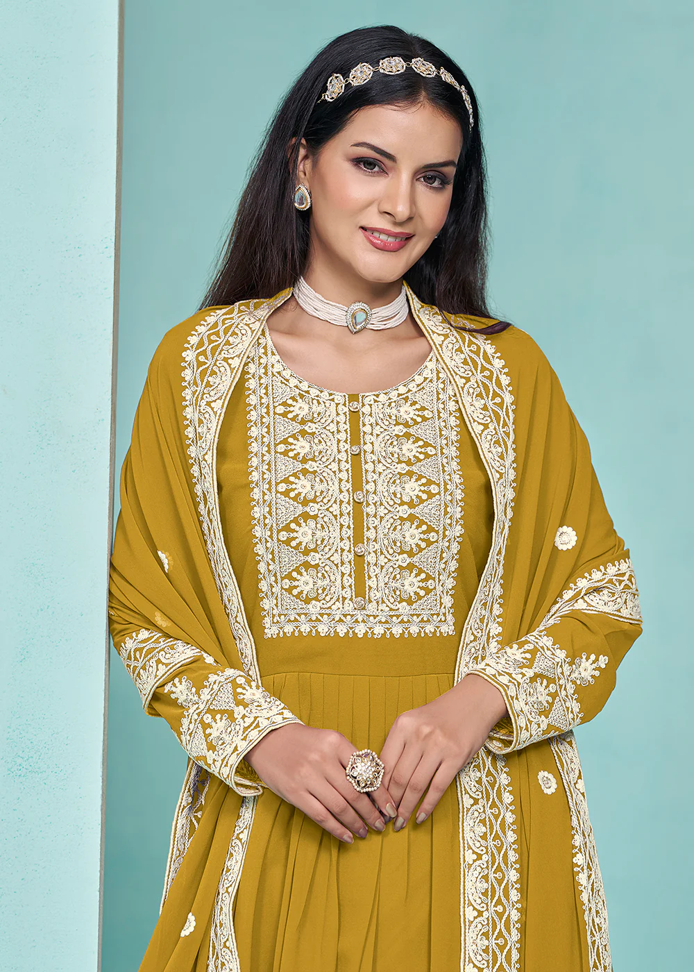 Festive Mustard Faux Georgette Palazzo Style Suit - Image 2