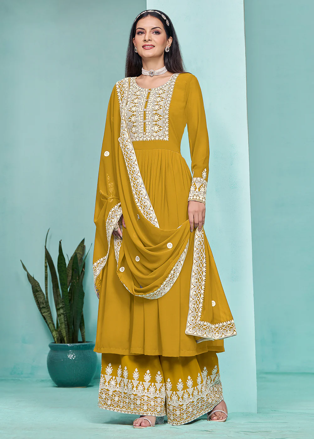 Festive Mustard Faux Georgette Palazzo Style Suit - Image 3