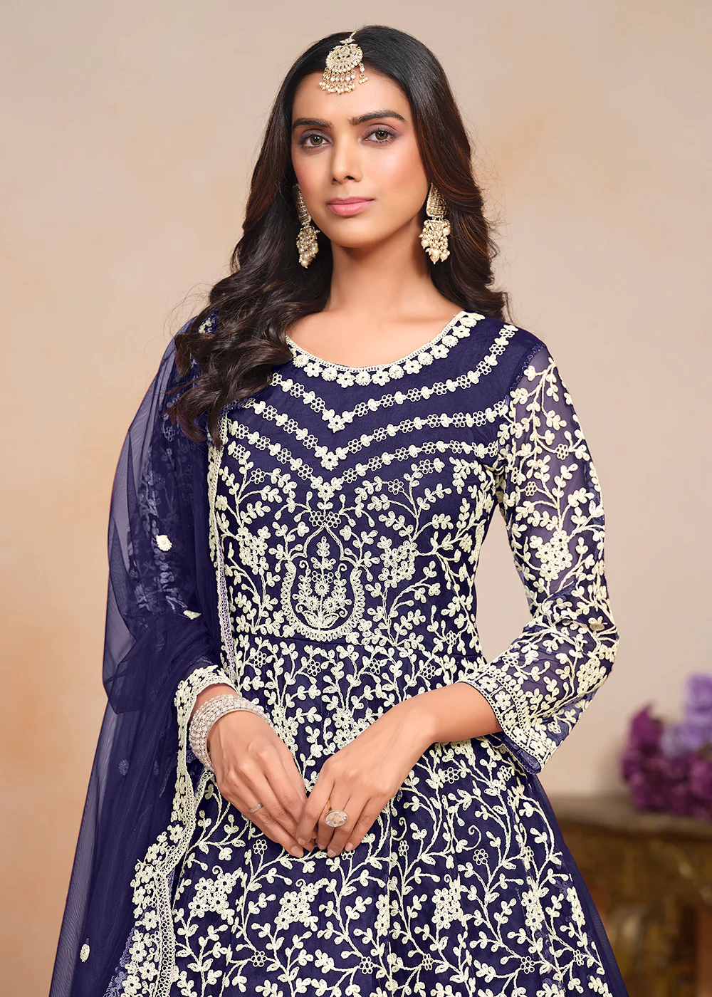 Festive Navy Blue Embroidered Net Designer Anarkali Dress - Image 2