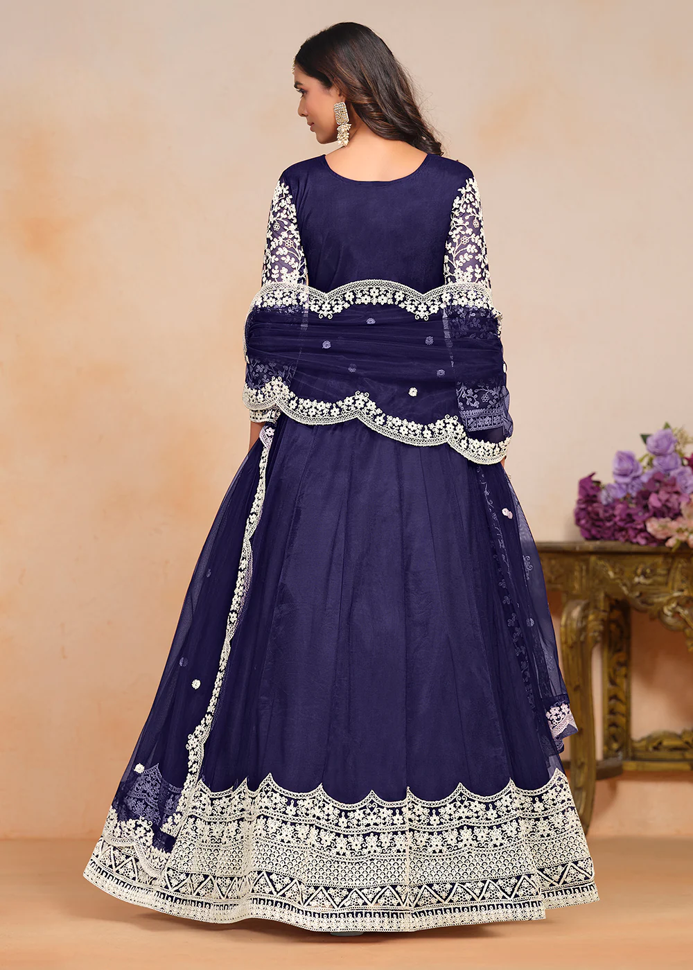 Festive Navy Blue Embroidered Net Designer Anarkali Dress - Image 3