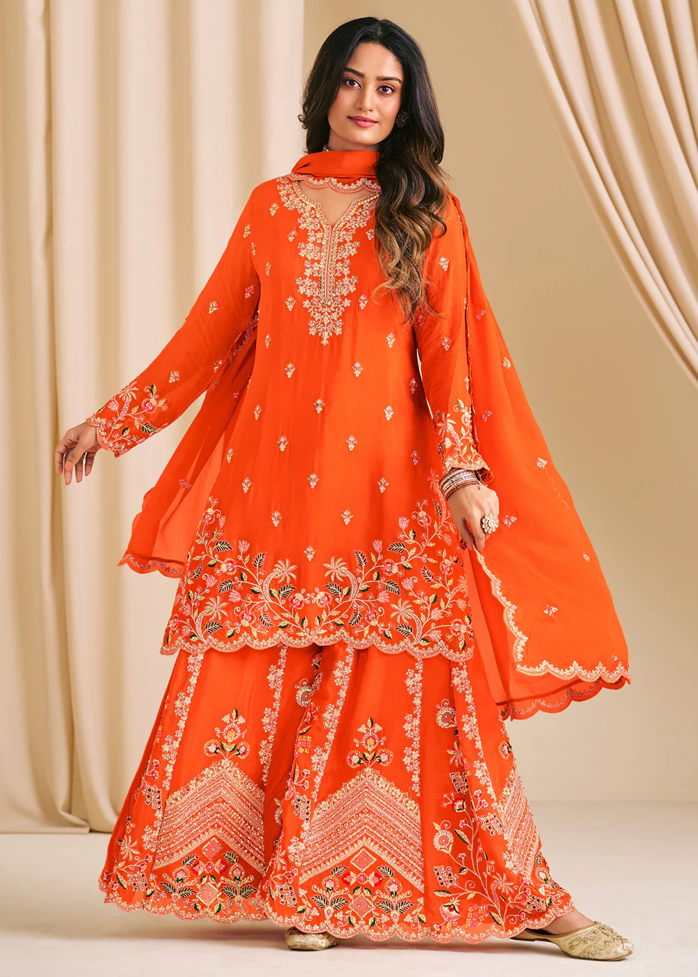 Festive Orange Embroidered Flared Palazzo Suit