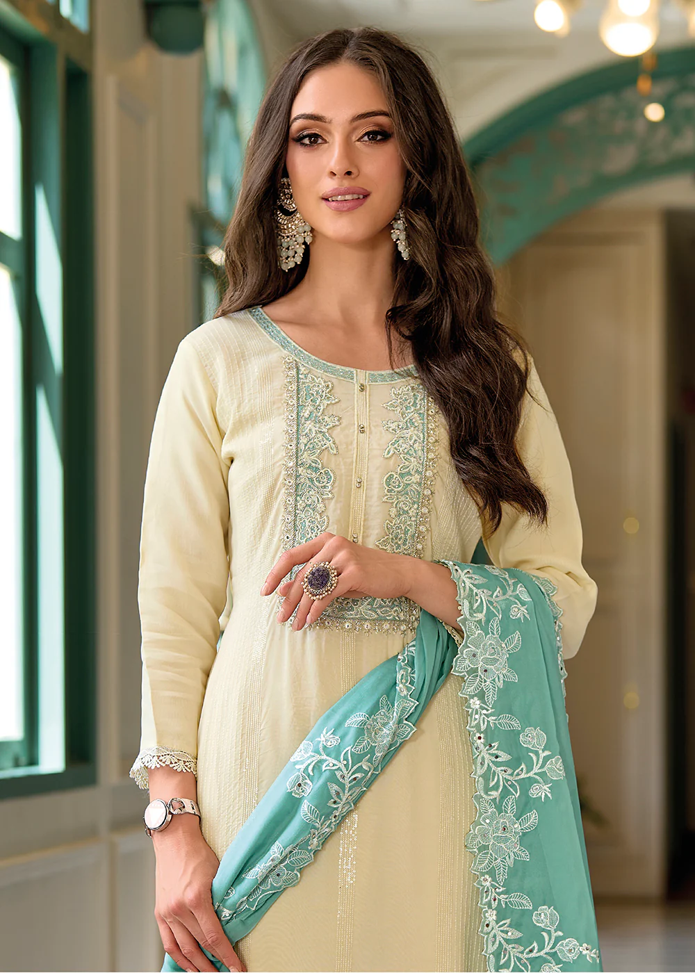 Festive Organza Cream Embroidered Salwar Kameez - Image 2