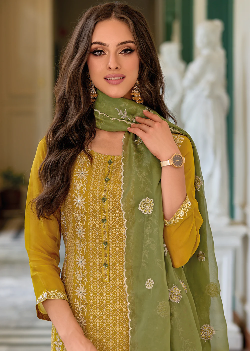 Festive Organza Mustard Embroidered Salwar Kameez - Image 2