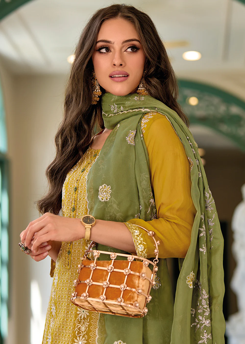 Festive Organza Mustard Embroidered Salwar Kameez - Image 3