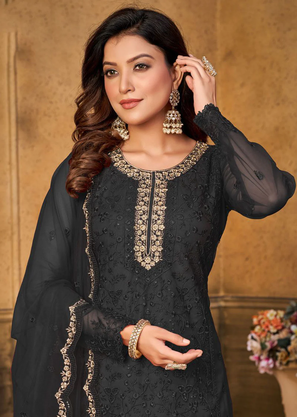 Festive Party Black Net Embroidered Trendy Salwar Suit - Image 2
