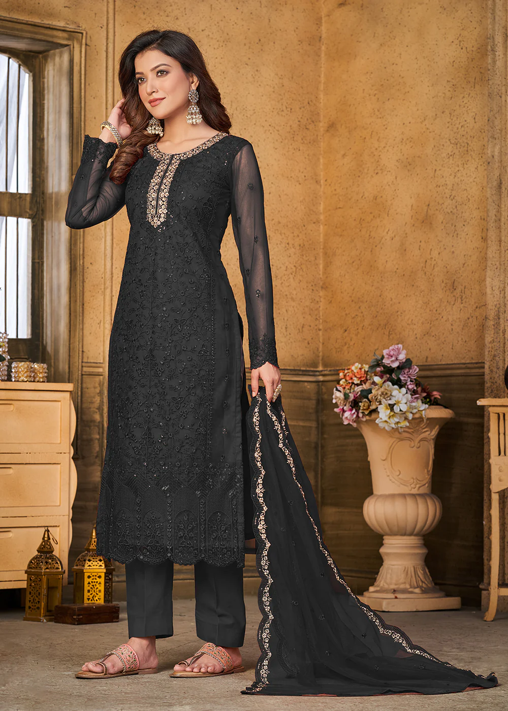 Festive Party Black Net Embroidered Trendy Salwar Suit - Image 3