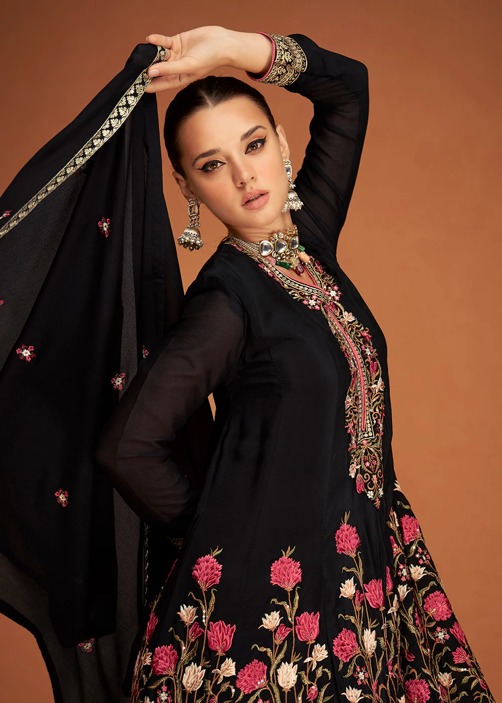 Festive Party Breathtaking Black Embroidered Chinon Silk Sharara Suit - Image 2