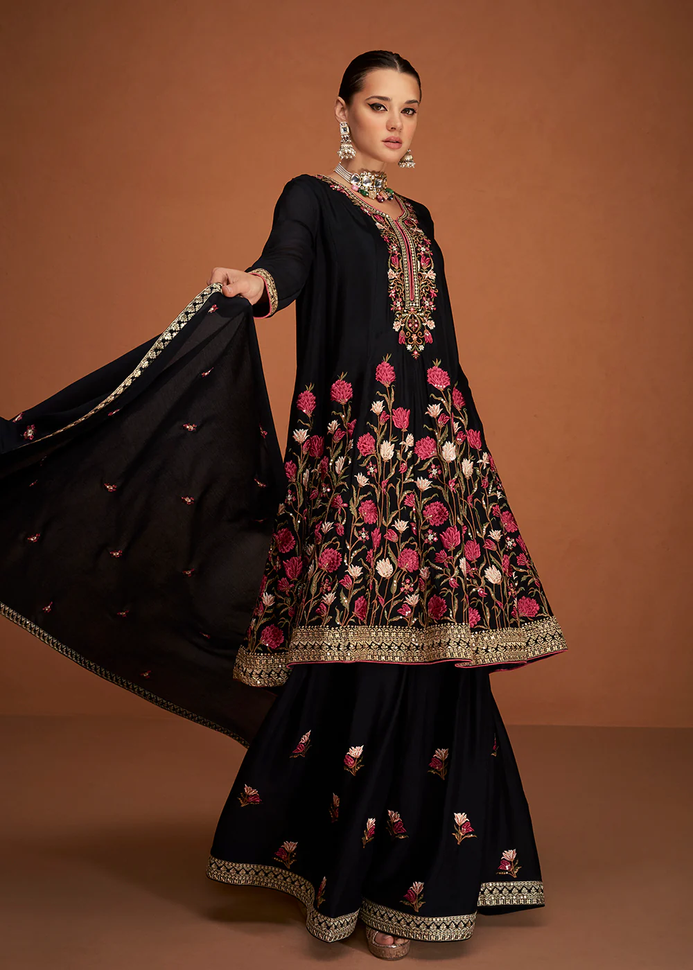 Festive Party Breathtaking Black Embroidered Chinon Silk Sharara Suit - Image 3