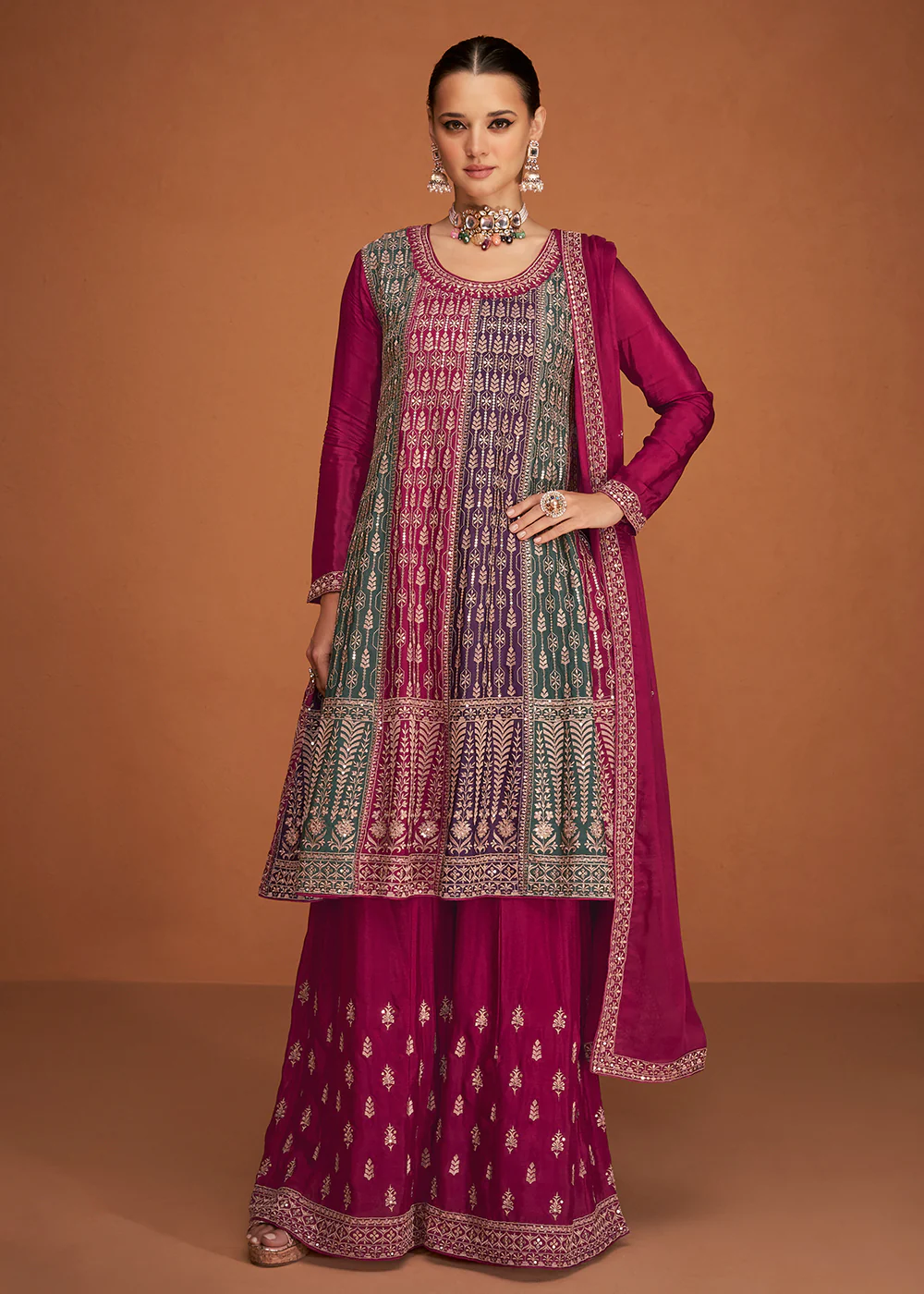 Festive Party Engrossing Pink Embroidered Chinon Silk Sharara Suit