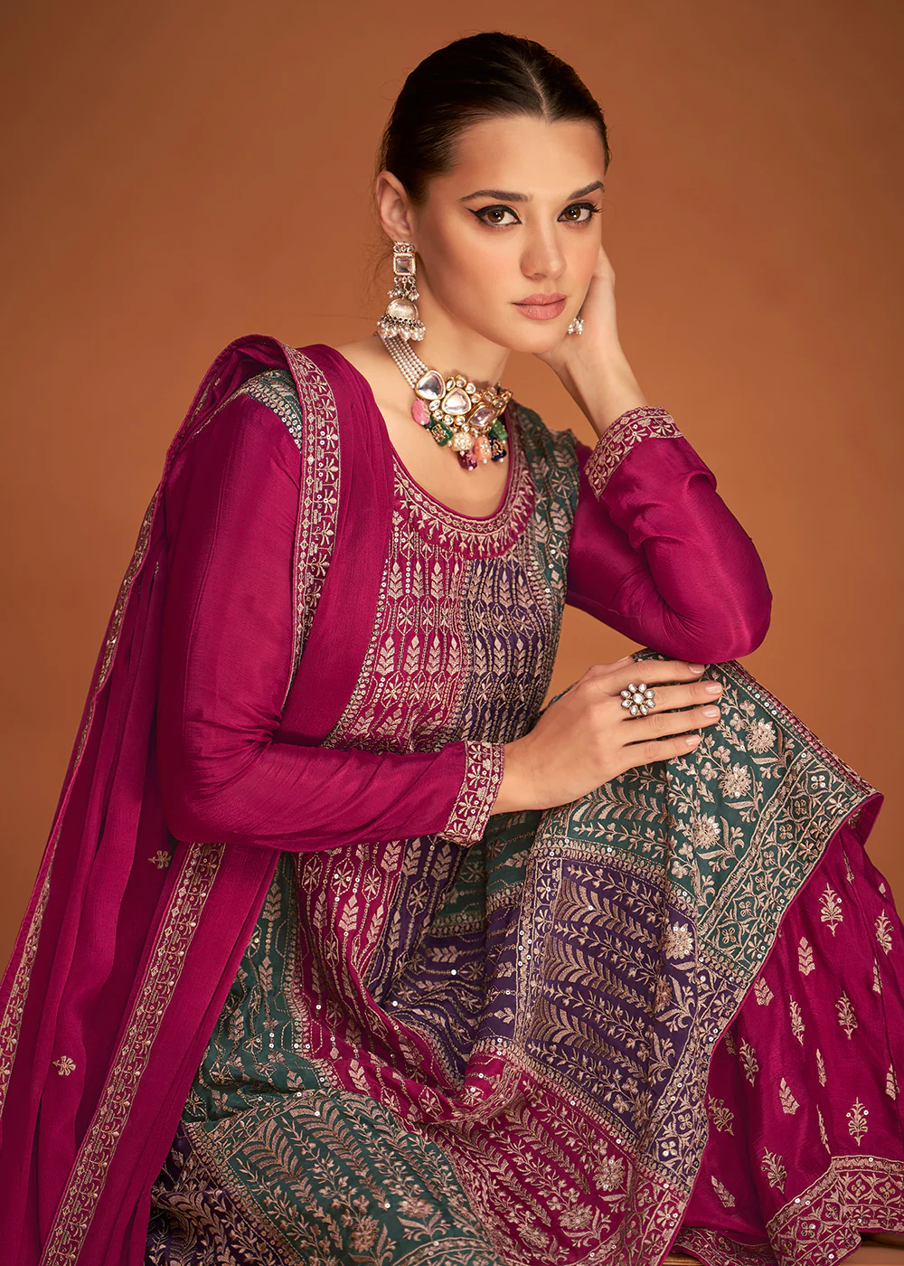 Festive Party Engrossing Pink Embroidered Chinon Silk Sharara Suit - Image 2