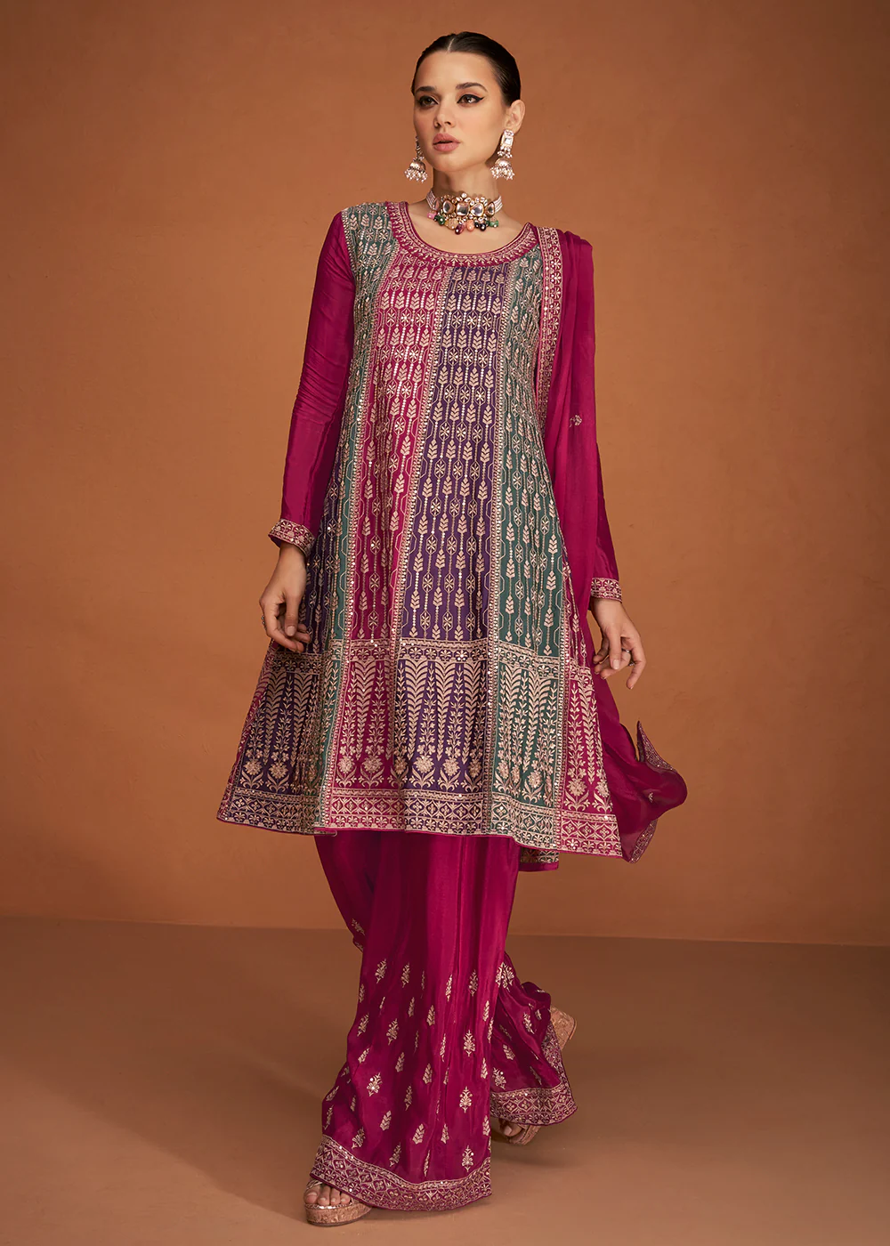 Festive Party Engrossing Pink Embroidered Chinon Silk Sharara Suit - Image 3
