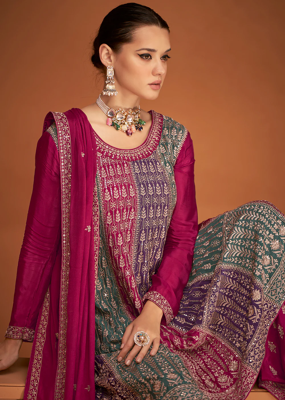Festive Party Engrossing Pink Embroidered Chinon Silk Sharara Suit - Image 4