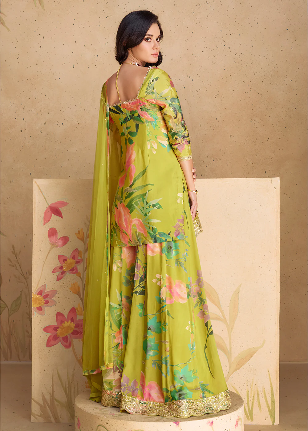 Festive Party Green Real Chinnon Silk Palazzo Suit - Image 3