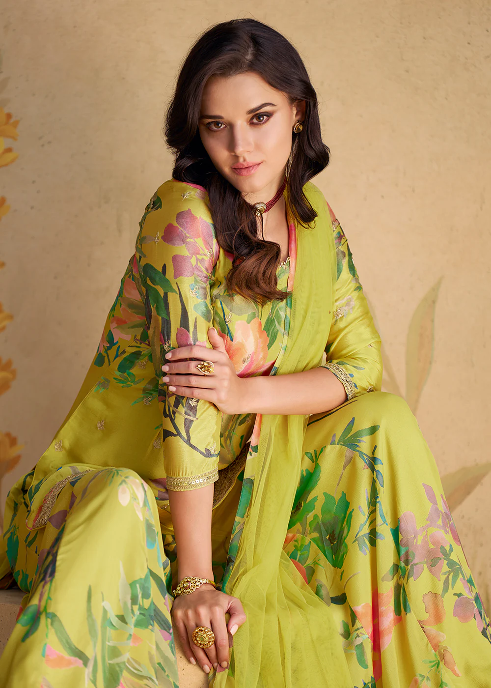 Festive Party Green Real Chinnon Silk Palazzo Suit - Image 4