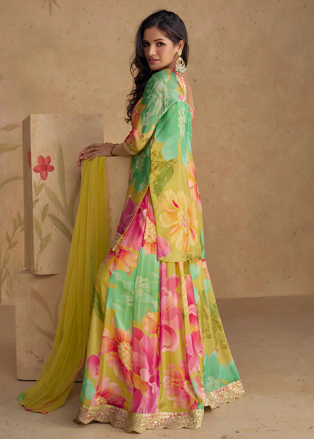 Festive Party Multicolor Real Chinnon Silk Palazzo Suit - Image 3