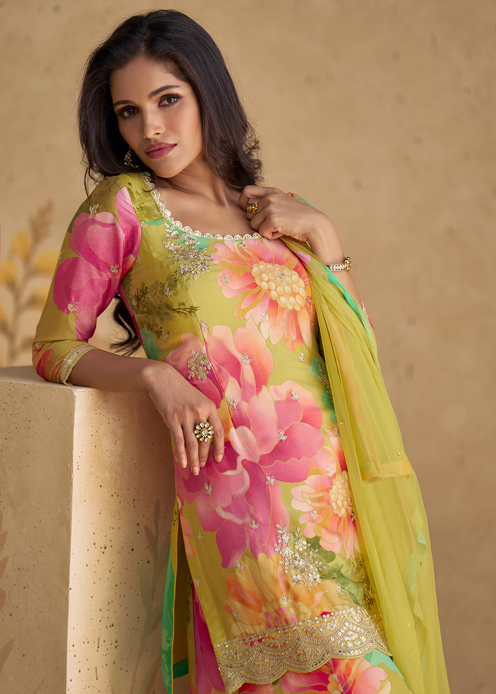 Festive Party Multicolor Real Chinnon Silk Palazzo Suit - Image 4