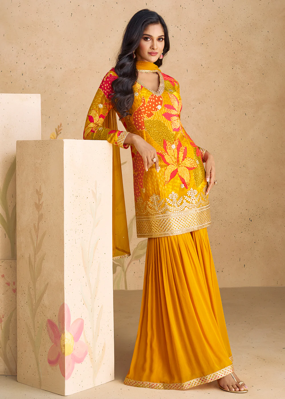 Festive Party Mustard Real Chinnon Silk Palazzo Suit