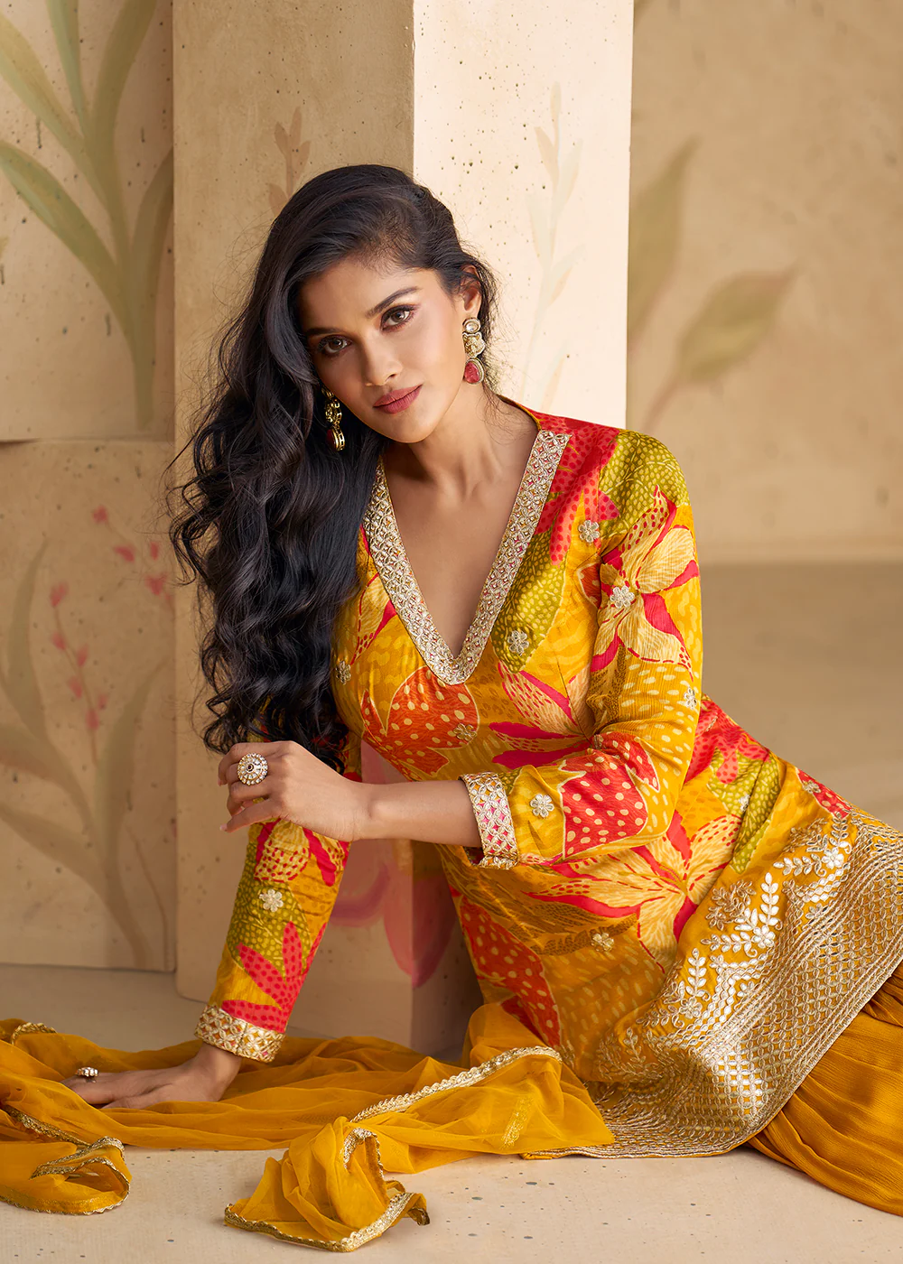 Festive Party Mustard Real Chinnon Silk Palazzo Suit - Image 4