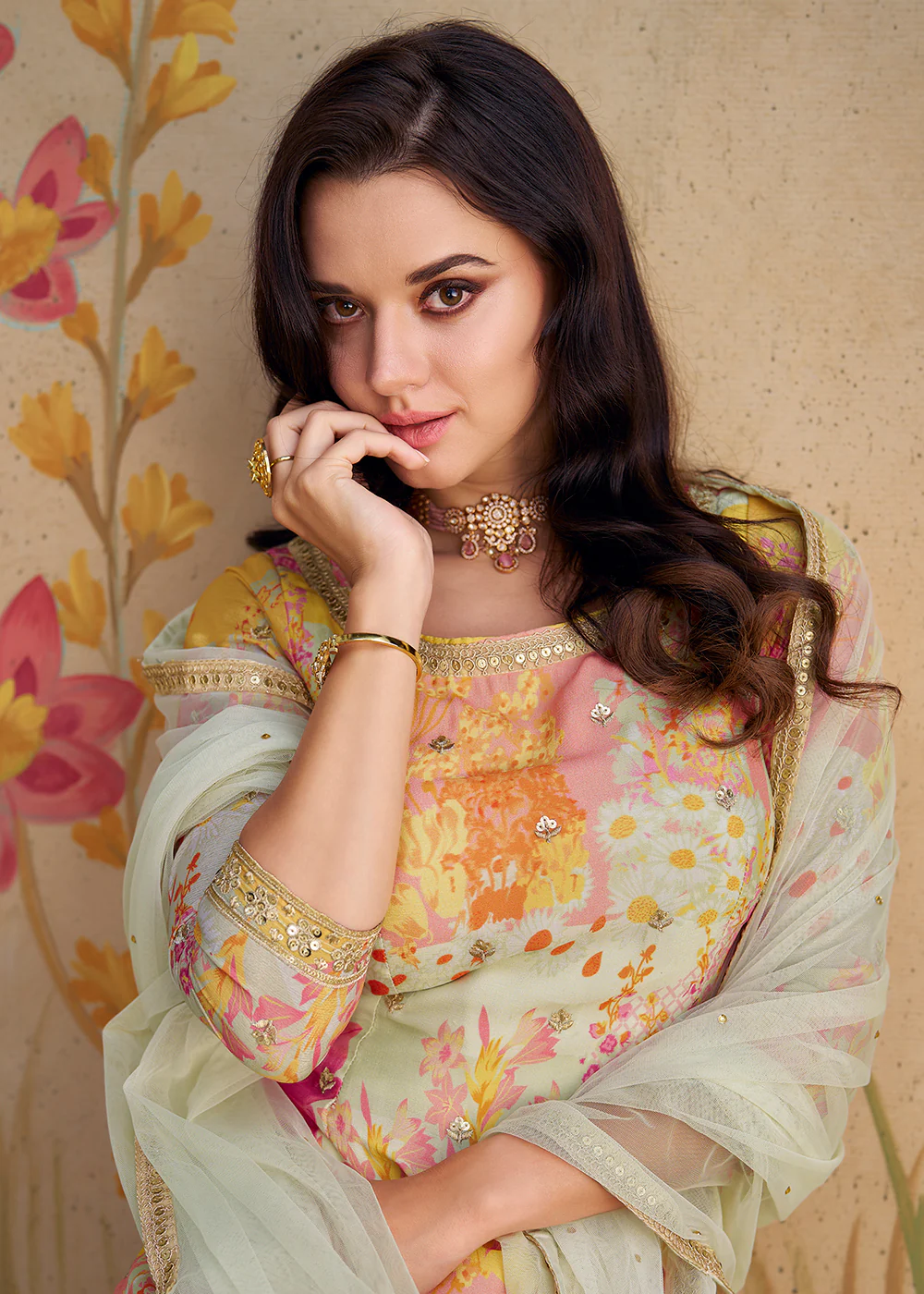 Festive Party Off White Real Chinnon Silk Palazzo Suit - Image 2
